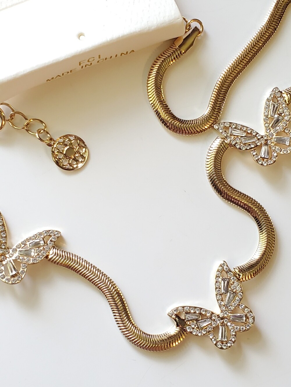 Dainty Gold Tone Herringbone Flat Chain Butterfly Necklace